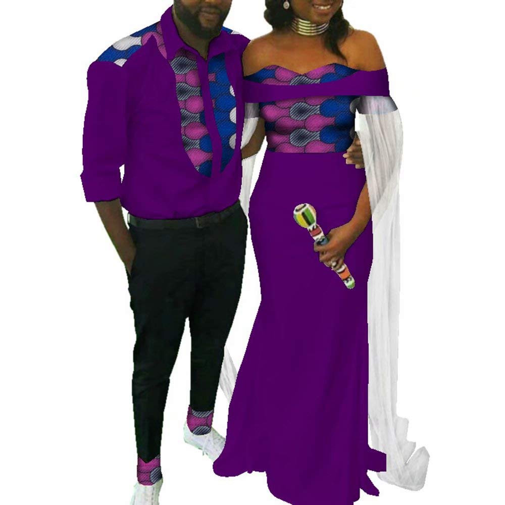 African Dashiki Wedding Outfits for Couples - Sexy Strapless Yarn Dress & Men's Lapel Shirt Suit Set | Traditional African Attire for Weddings, Parties & Cultural Events