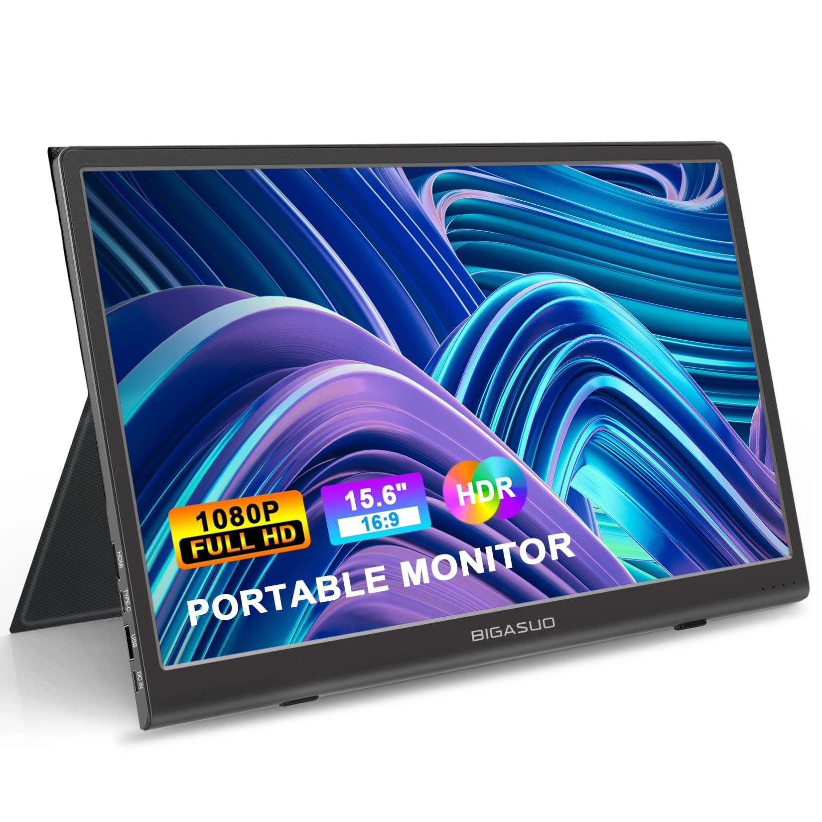 BIGASUO 15.6 Inch Portable USB-C Monitor - Full HD IPS HDR Display with Dual Speakers for Laptop, PC, Mac, PS4, Xbox, Switch - Perfect for Gaming, Work & Travel (Includes Smart Case)