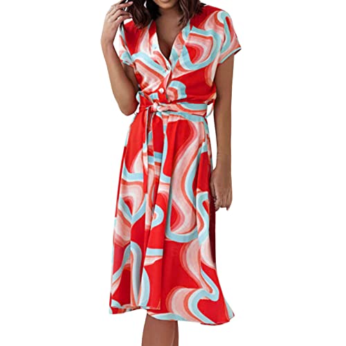 Stylish Women's Printed Mini Sundress - Short Sleeve Loose Fit Tunic Dress for Summer & Winter | Beach, Casual, Party Wear | Red S