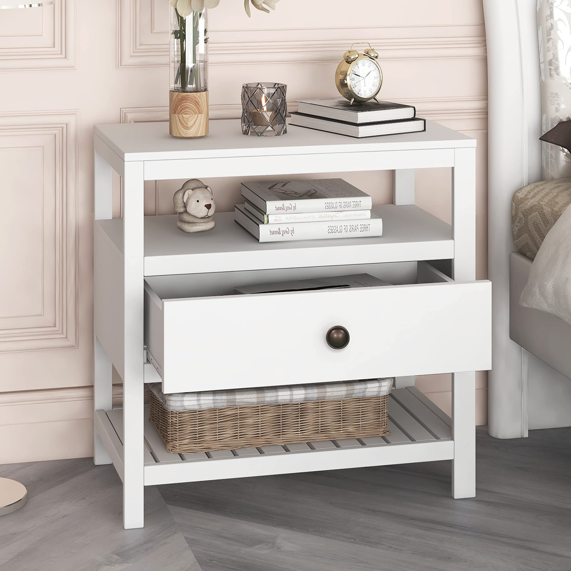 Modern White Wooden Nightstand with 2 Drawers - Bedside Table for Bedroom, Living Room, Home Office - Compact Storage Furniture for Small Spaces