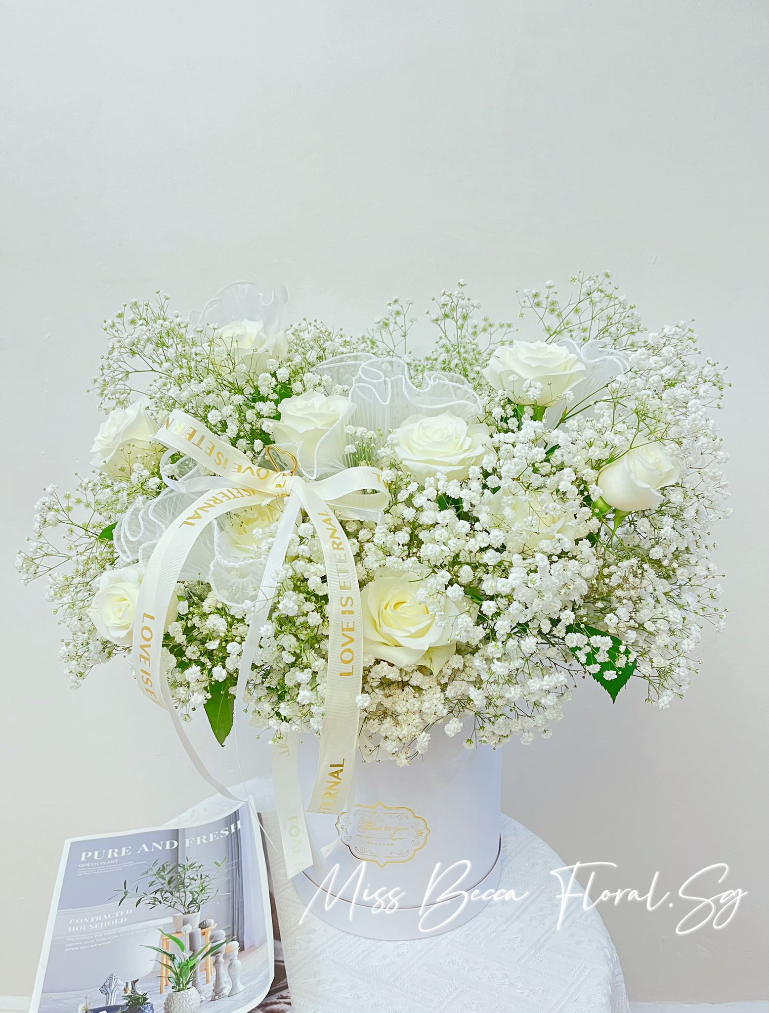 Beautiful White Gypsophila and Rose Flower Basket - Elegant Table Centerpiece for Weddings, Parties & Home Decor