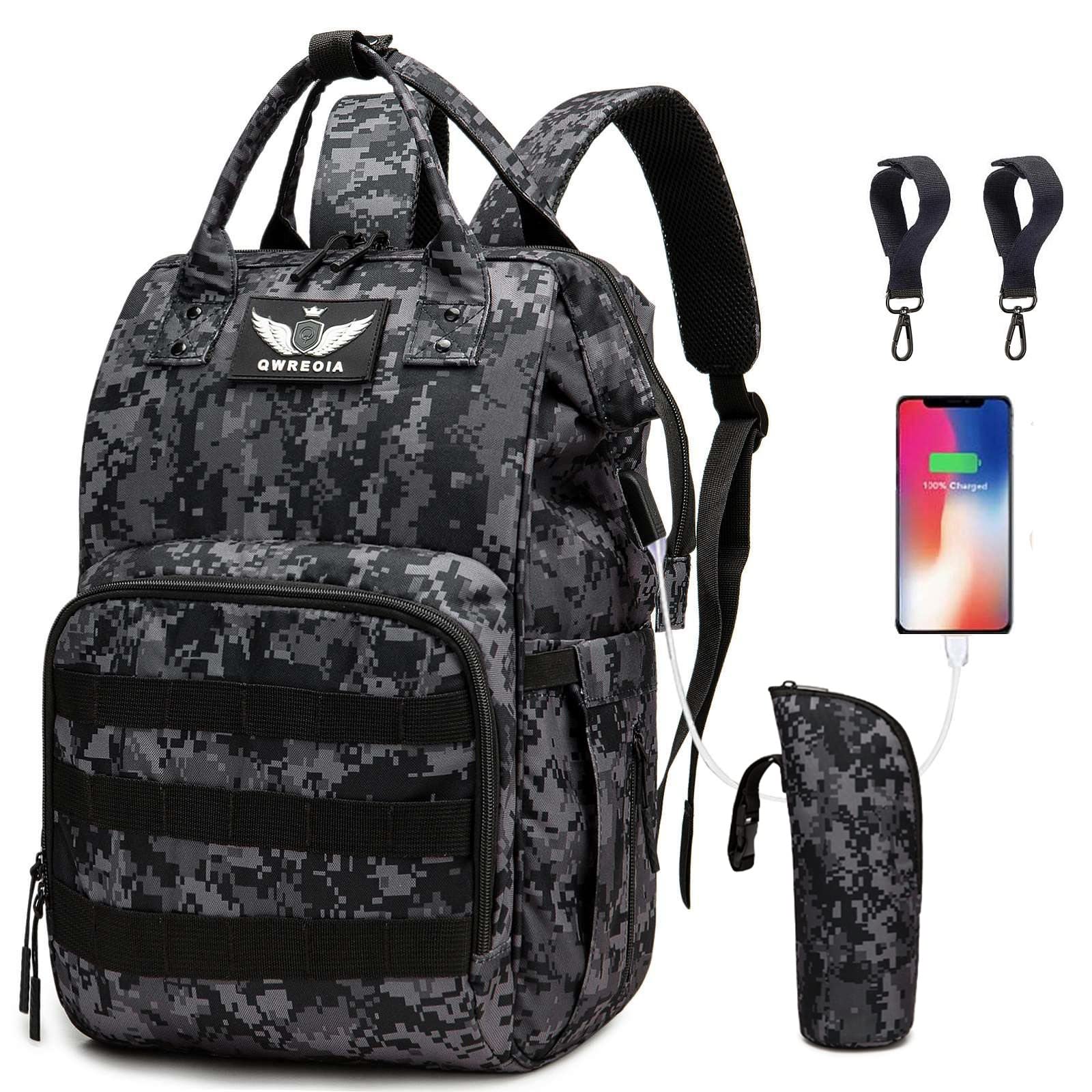 QWREOIA Diaper Bag Backpack with USB Charging Port, Stroller Straps & Insulated Pocket - Military Style Baby Changing Backpack for Moms & Dads (Black Camo) - Perfect for Travel, Daycare & Family Outings