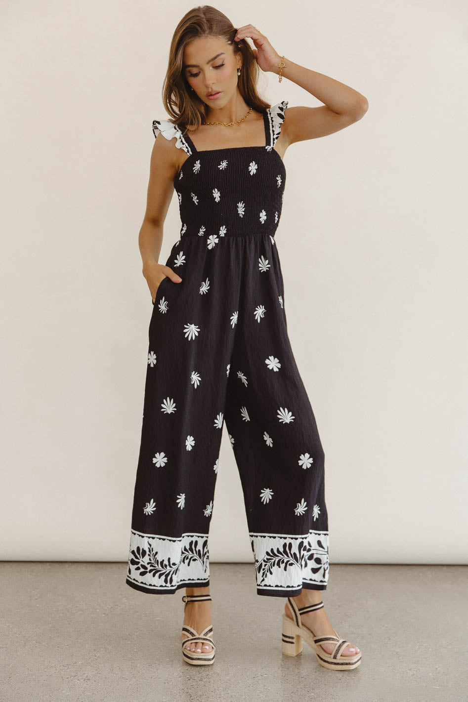 Krista Smocked Jumpsuit for Women - Floral Print Summer Romper with Puff Sleeves | Perfect for Beach Vacations, Brunch Dates & Outdoor Weddings