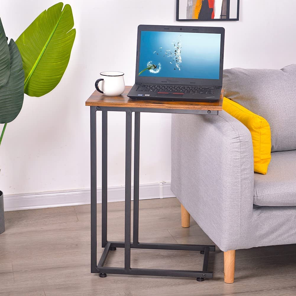 C-Shaped End Table for Sofa, Bed & Living Room - Rustic Brown & Black Metal Snack Stand for Coffee & Laptop