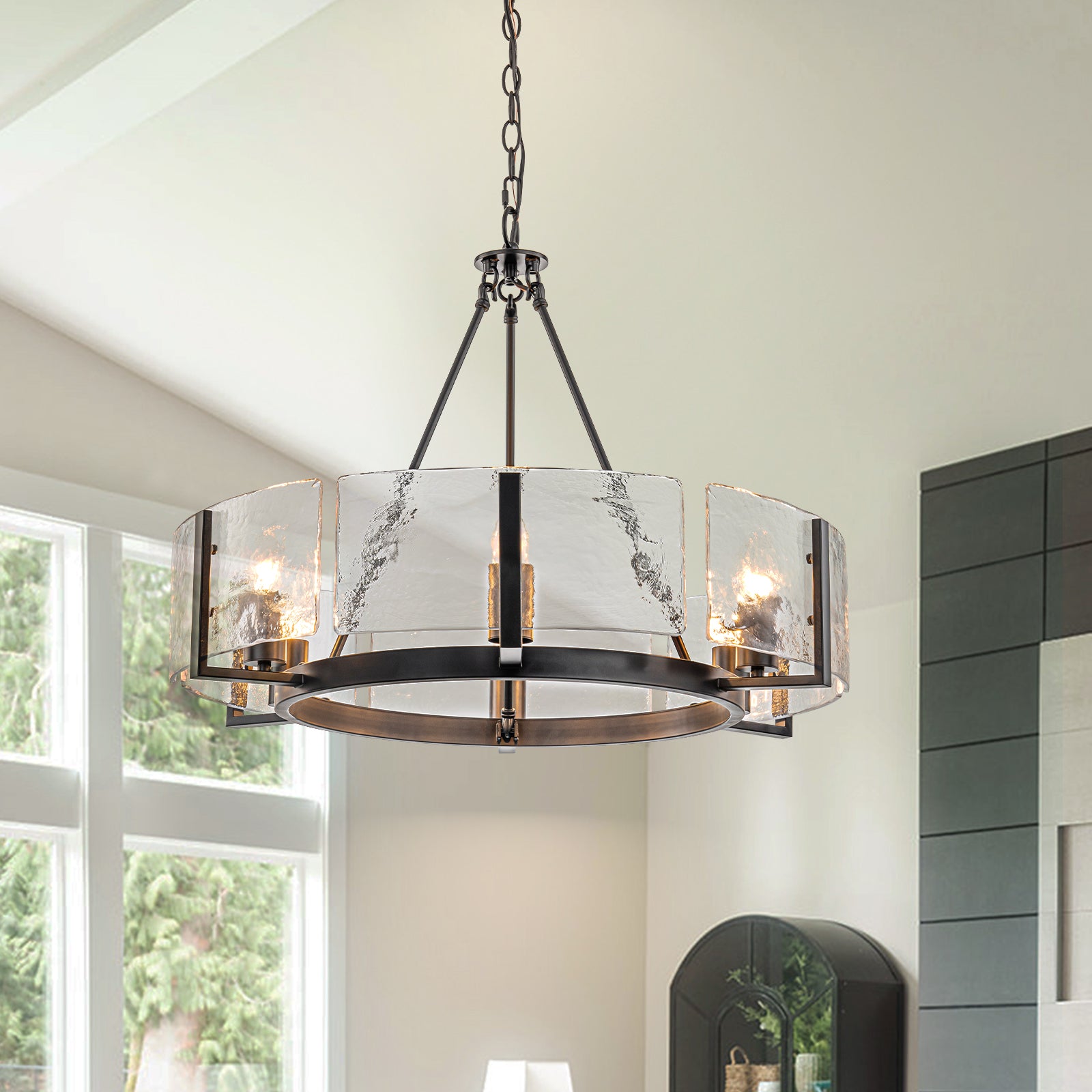 Glowlings 6-Light 28-Inch Wide Large Wagon Wheel Round Textured Water Ripple Clear Glass Chandelier - Perfect for Dining Room, Living Room, and Foyer Lighting