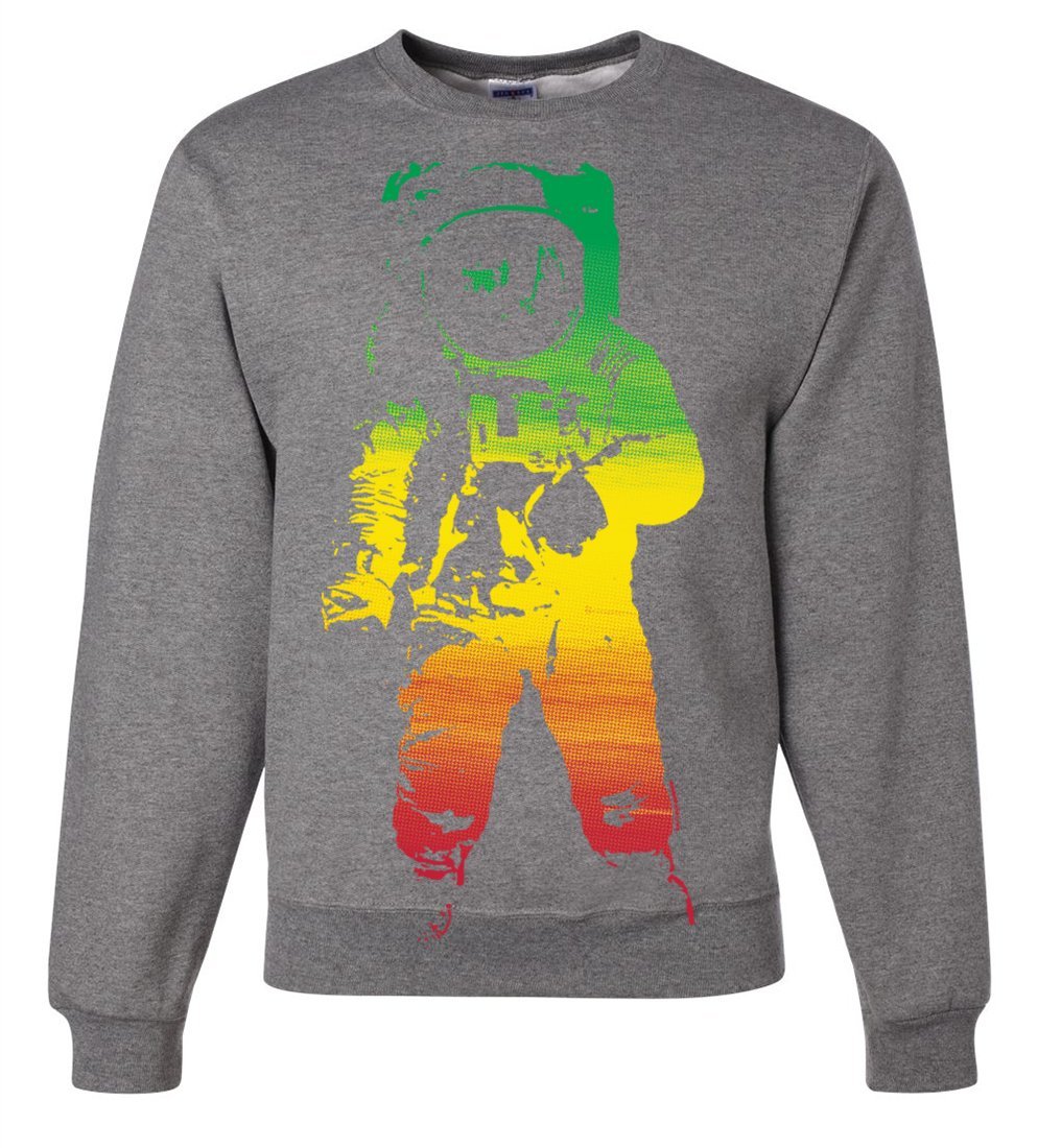 Space Astronaut Man on The Moon Rasta Crewneck Sweatshirt | Vintage Space Graphic Hoodie | Unisex Cotton Pullover for Men & Women | Perfect for Stargazing, Music Festivals & Streetwear Fashion