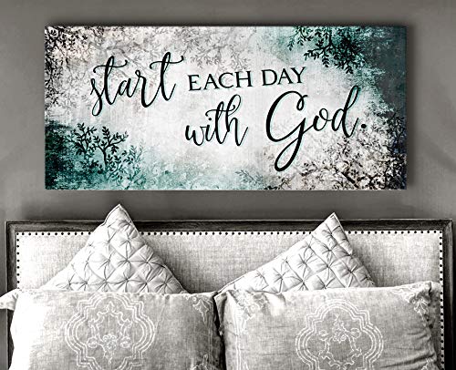 Inspirational Wall Art Decor - Start Each Day With God - Religious & Spiritual Bedroom Decor with Positive Quotes - Teal 60x27 - Perfect for Home, Office & Prayer Room