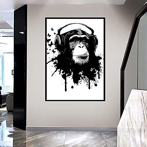 Graffiti Animal Monkey Headphones Canvas Wall Art - 24x36 Inch Frameless Poster & Print for Living Room, Bedroom, Home Decor | Unique Gift Idea for Music & Art Lovers