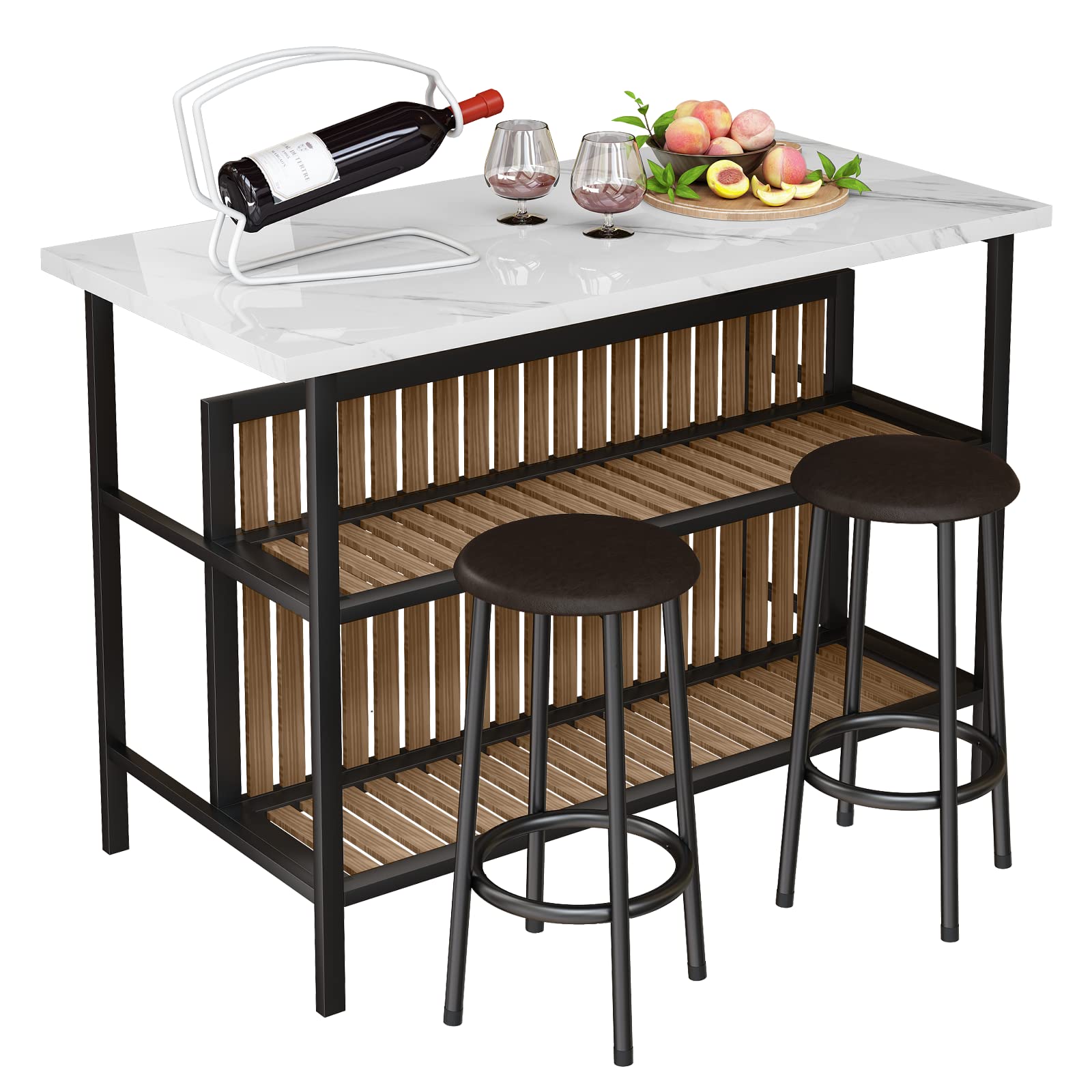 Modern White Kitchen Island with Seating for 2 - Faux Marble Countertop, Storage Shelf & Bar Table Set - Space-Saving Dining Solution for Small Kitchens, Breakfast Nooks & Apartment Living