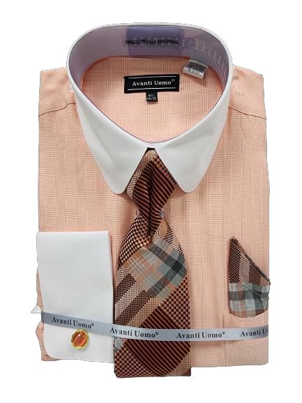 AVANTI UOMO Monotone Glen Check Round White Collar & Cuff Dress Shirt DN131M Coral - Perfect for Business Meetings, Weddings & Formal Occasions