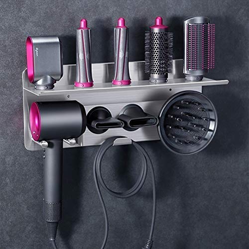 2in1 Wall Mounted Hair Dryer Holder for Dyson Supersonic & Airwrap - Organizer Stand with Storage Shelf for Curler & Diffuser - Perfect for Bathroom, Bedroom, Salon & Barbershop Organization