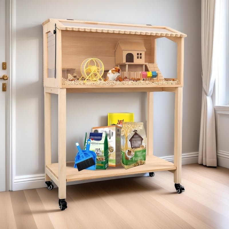 Premium Wooden Hamster Cage with Storage Shelf - Large Pine Guinea Pig Cage for Small Animals (Chinchilla, Rat, Bunny) - Spacious 32