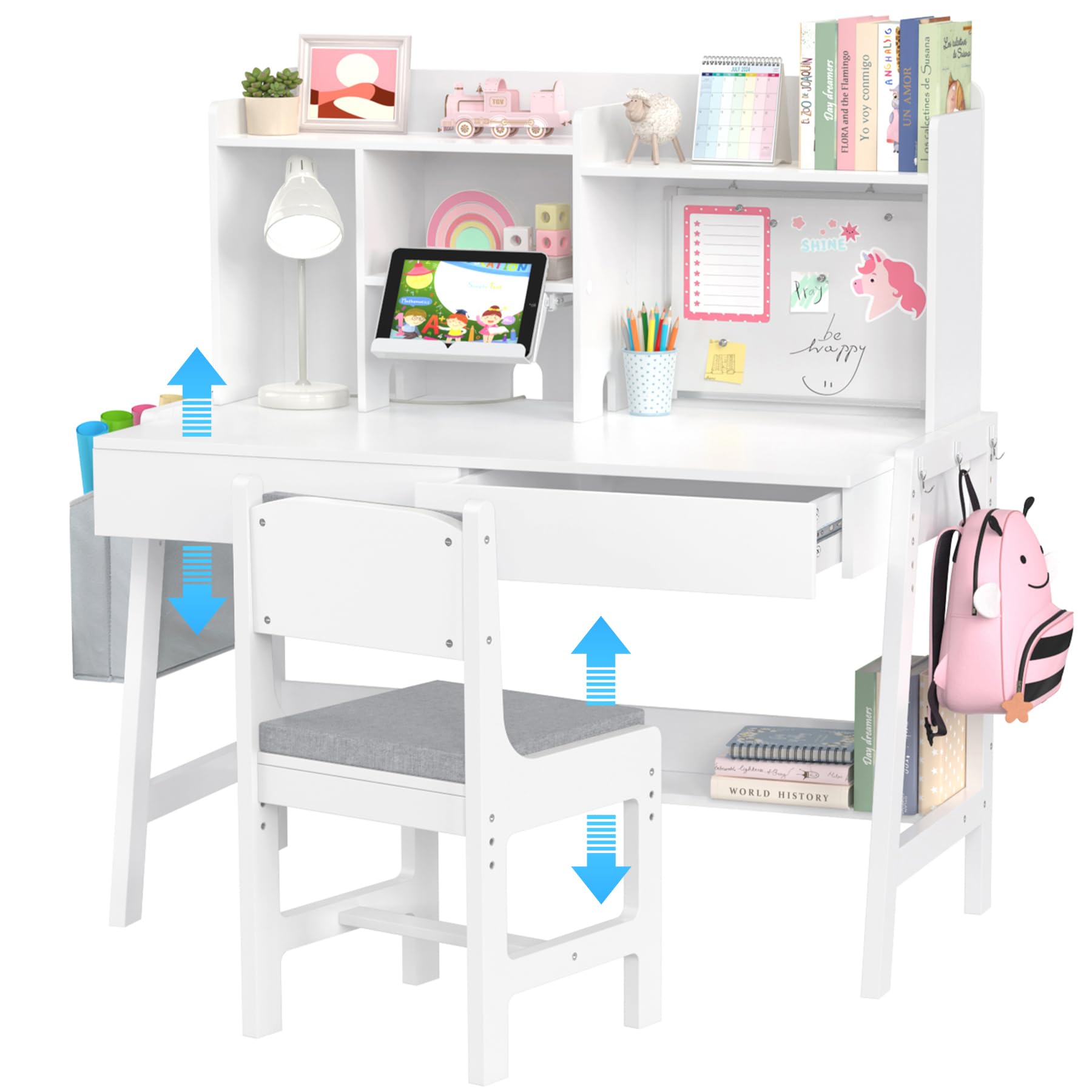GDLF Adjustable Kids Study Desk and Chair Set with Hutch, Drawers & Whiteboard - Ergonomic Wooden Children's Study Table with Book Stand & Fabric Storage Bag for Ages 5-12 - Perfect for Homeschooling, Online Learning & Bedroom Study Space
