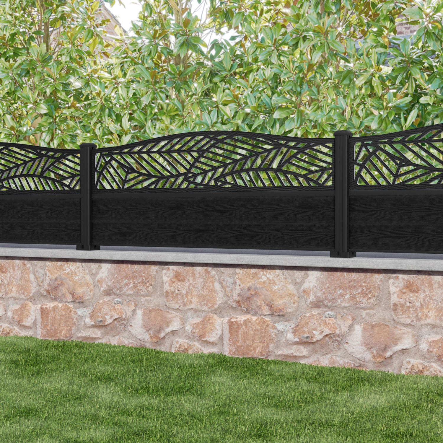 Classic Black Habitat Curved Top Fence Panel with Aluminum Posts - Durable Privacy Fencing for Backyard, Garden, and Property Boundaries