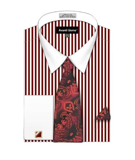 AVANTI UOMO Men's Striped Pattern White Collar Cuff Dress Shirt DN126M Burgundy - Perfect for Office, Business Meetings & Formal Events