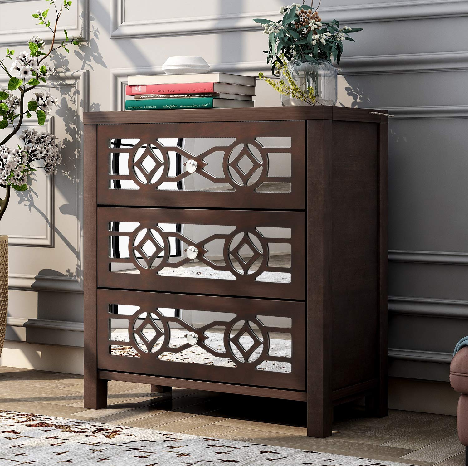 Natural Wood Storage Cabinet with 3 Drawers & Decorative Mirror - Espresso Finish for Bedroom, Living Room & Entryway Organization