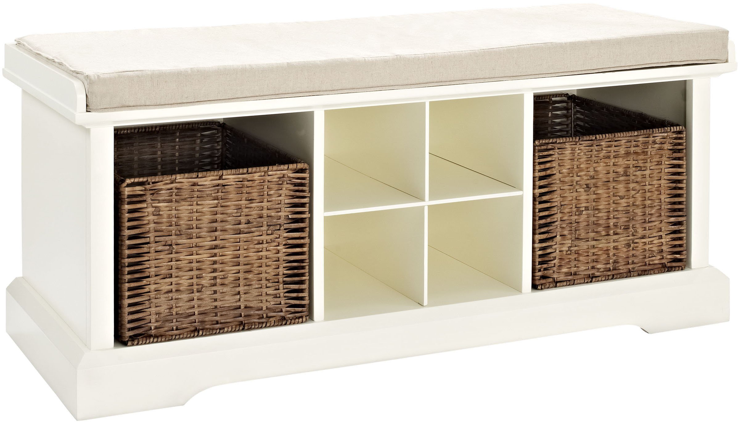 Crosley Brennan Storage Bench with Wicker Baskets - White | Entryway Organizer