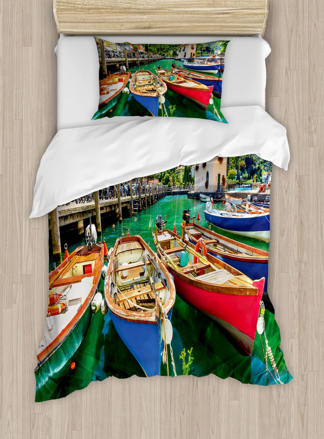 Ambesonne Italy Duvet Cover Set - Summer Lake Garda Landscape with Wooden Boats, Fishing Maritime Theme, 2-Pack King Size Bedding Set (2 Duvet Covers + 4 Pillowcases) - Perfect for Coastal & Nautical Bedroom Decor