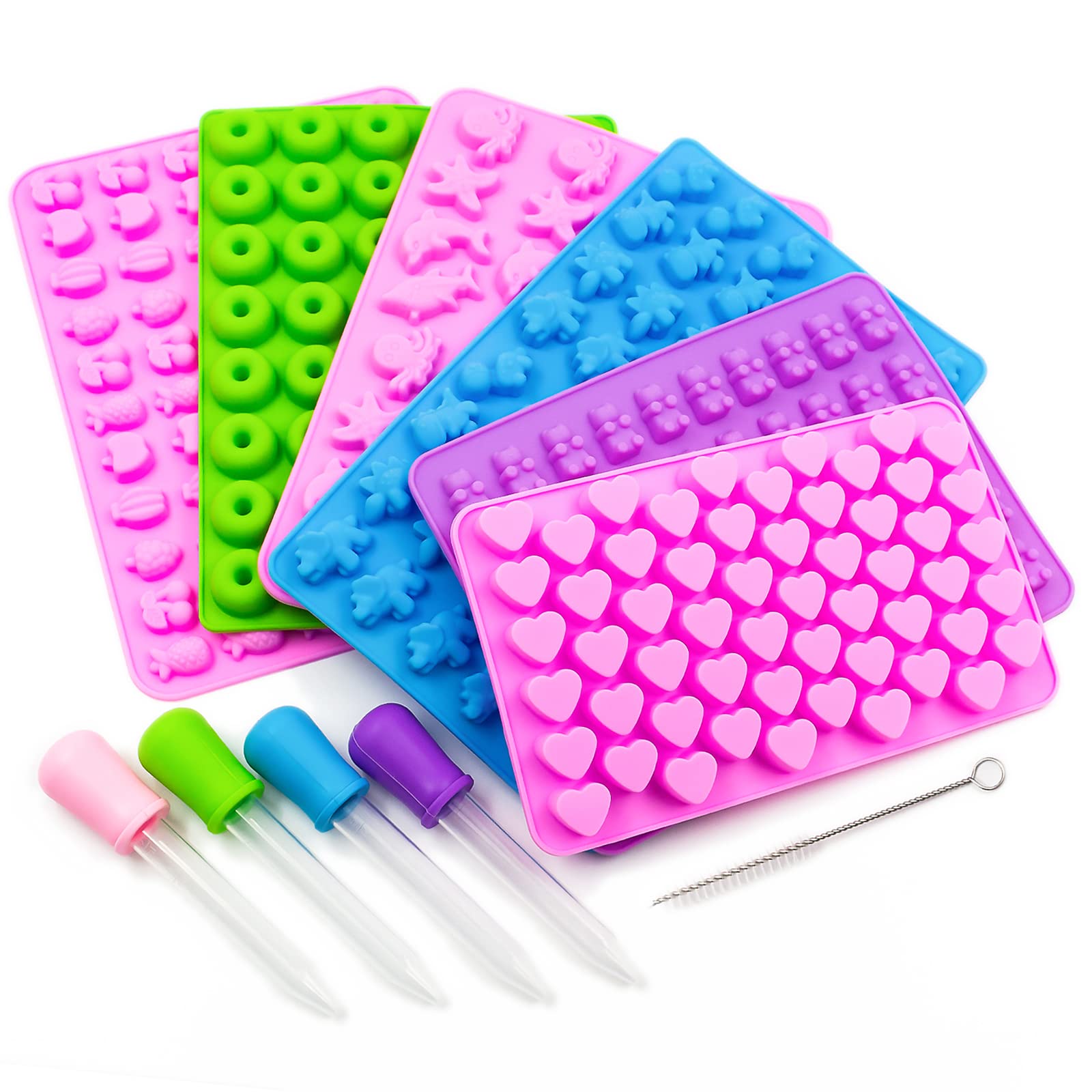 Premium Silicone Gummy Bear & Chocolate Candy Molds Set - 6 Unique Shapes (Dinosaur, Bear, Ocean Animals, Hearts, Mini Donut, Fruit) with 4 Droppers & Cleaning Brush - Perfect for DIY Candy Making, Baking Decorations & Party Treats