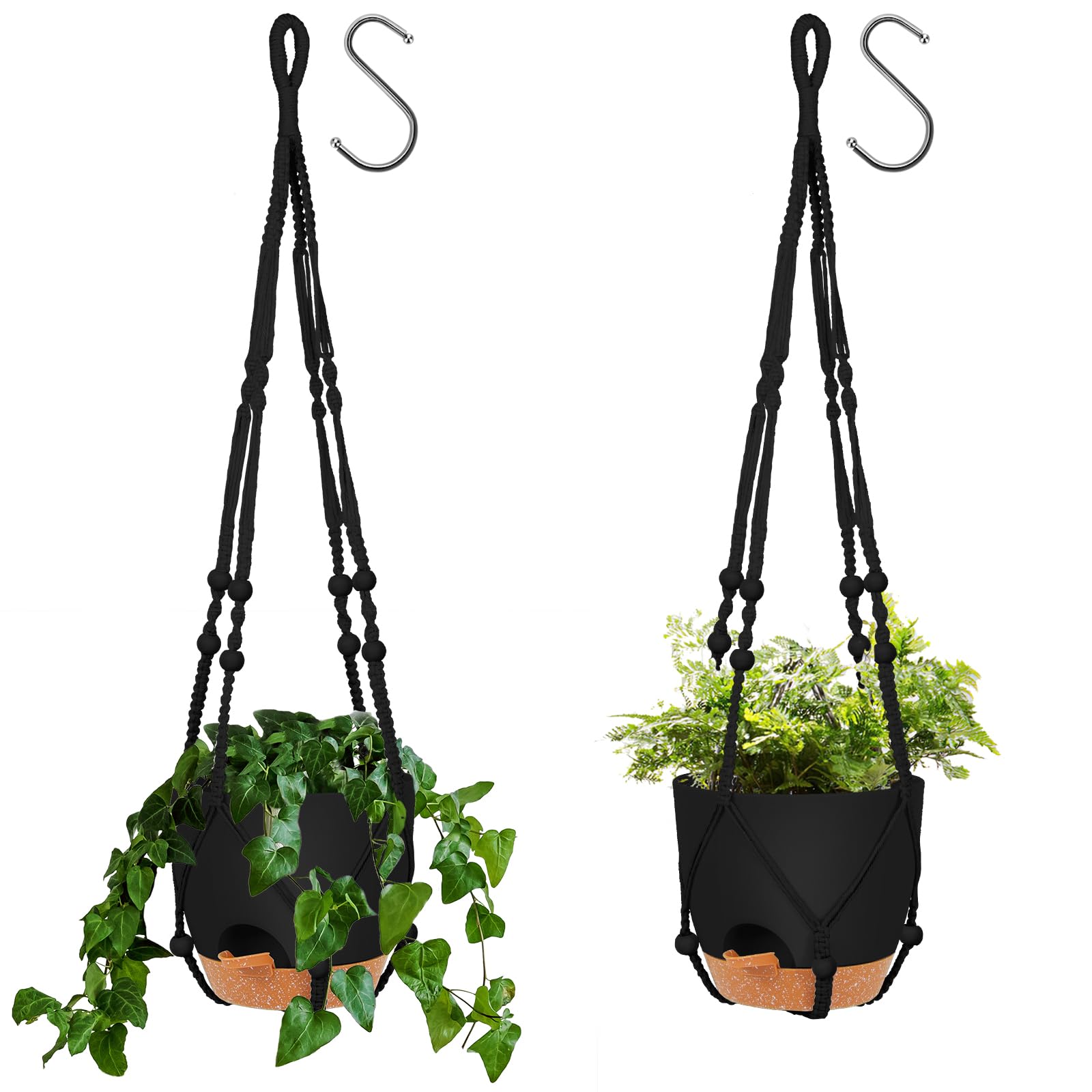 GARDIFE 8 Inch Self Watering Hanging Planters with Macrame Hanger - 2 Pack Large Indoor Outdoor Flower Pots with Drainage Hole & Basket - Perfect for Home Decor, Balcony, Garden, and Patio Plants (Black)