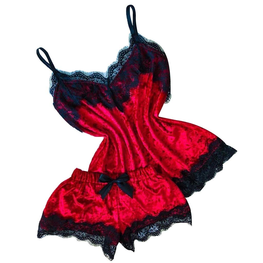 Plus Size Women's Sexy Lace Trim Velvet Sleepwear Set - 2 Piece Camisole & Shorts Pajamas for Comfortable Nightwear | Perfect for Valentine's Day, Anniversary Gifts & Romantic Evenings
