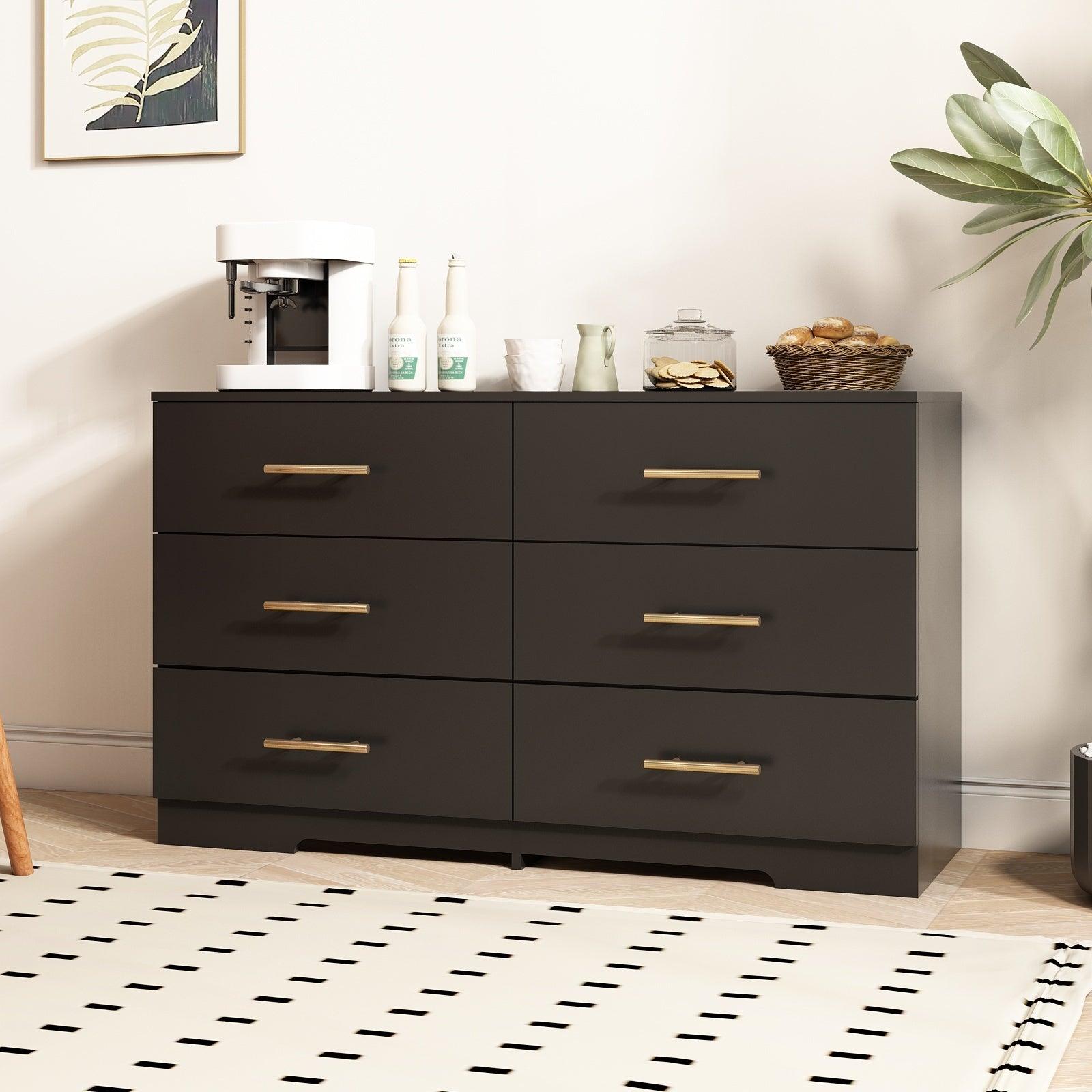 Black 6-Drawer Dresser with Golden Handles - Large Chest of Drawers for Bedroom, Living Room & Office Storage