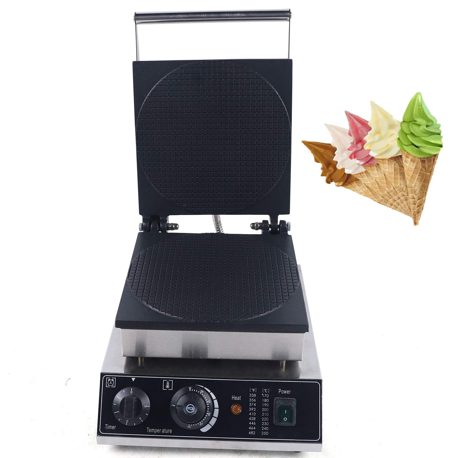 Commercial Ice Cream Cone Waffle Maker Machine - 1500W Electric Non-Stick Waffle Iron with Adjustable Temperature (170°C to 300°C) - Stainless Steel Countertop Egg Roll Baker for Home & Restaurant Use - Perfect for Making Waffle Cones, Ice Cream Treats & Desserts