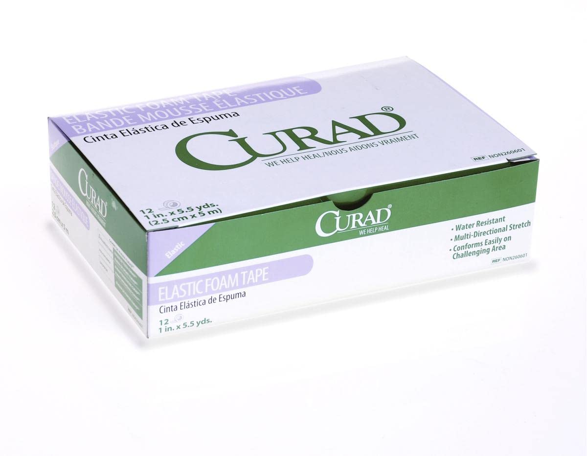 Medline NON260601 Curad Elastic Foam Adhesive Tape - 1 Inch Wide, 5.5 Yards Long - Waterproof & Breathable First Aid Wrap for Sports Injuries, Wound Care & Post-Surgical Support - Ideal for Athletes, Nurses & Home First Aid Kits
