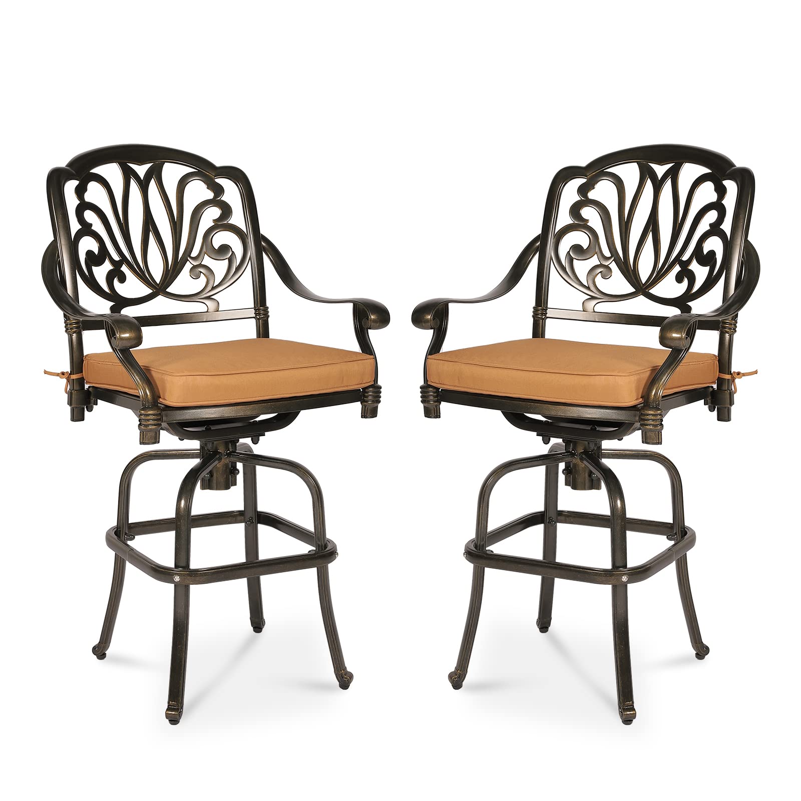 MEETWARM 2-Piece Outdoor Swivel Bar Stools - All-Weather Cast Aluminum Bar Height Bistro Chairs with Cushions - Patio Dining Set for Garden, Deck, Backyard (Dark Bronze) - Perfect for Outdoor Entertaining and Relaxation