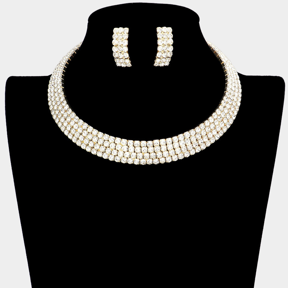 Elegant 4-Row Crystal Rhinestone Choker & Earrings Set in Gold Plated | 96077 | Perfect for Weddings, Prom, Parties & Special Occasions