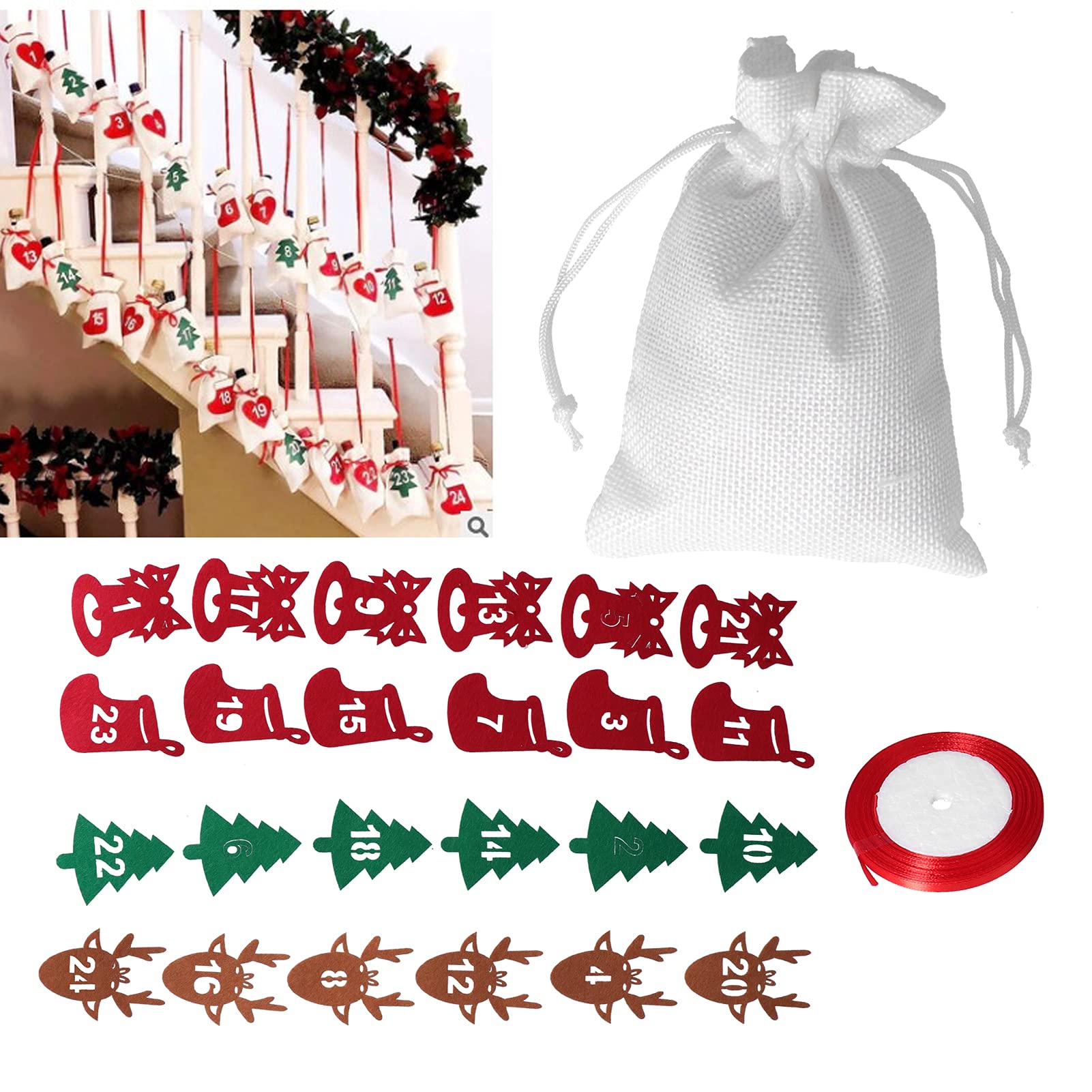 24Pcs Christmas Advent Calendar Bags - Xmas Countdown Burlap Bags with Drawstring, Number Stickers & Clips Rope - Perfect for Holiday Candy, Jewelry & Gift Packaging - Great for Home Decor, Party Favors & Festive Celebrations