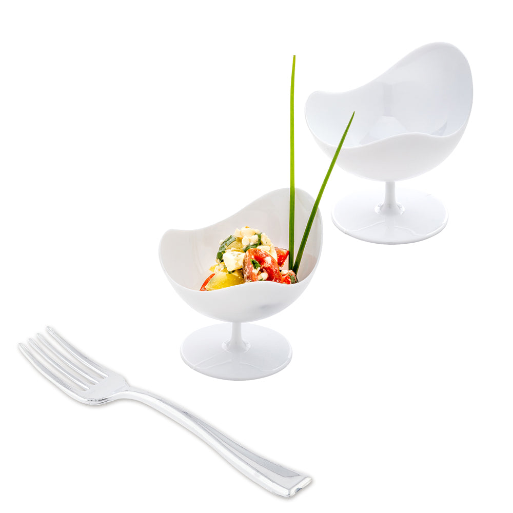 100-Pack 2 oz White Plastic Ball Chairs & 100-Pack Silver Mini Plastic Forks - Perfect for Party Decorations, Wedding Favors, and DIY Crafts