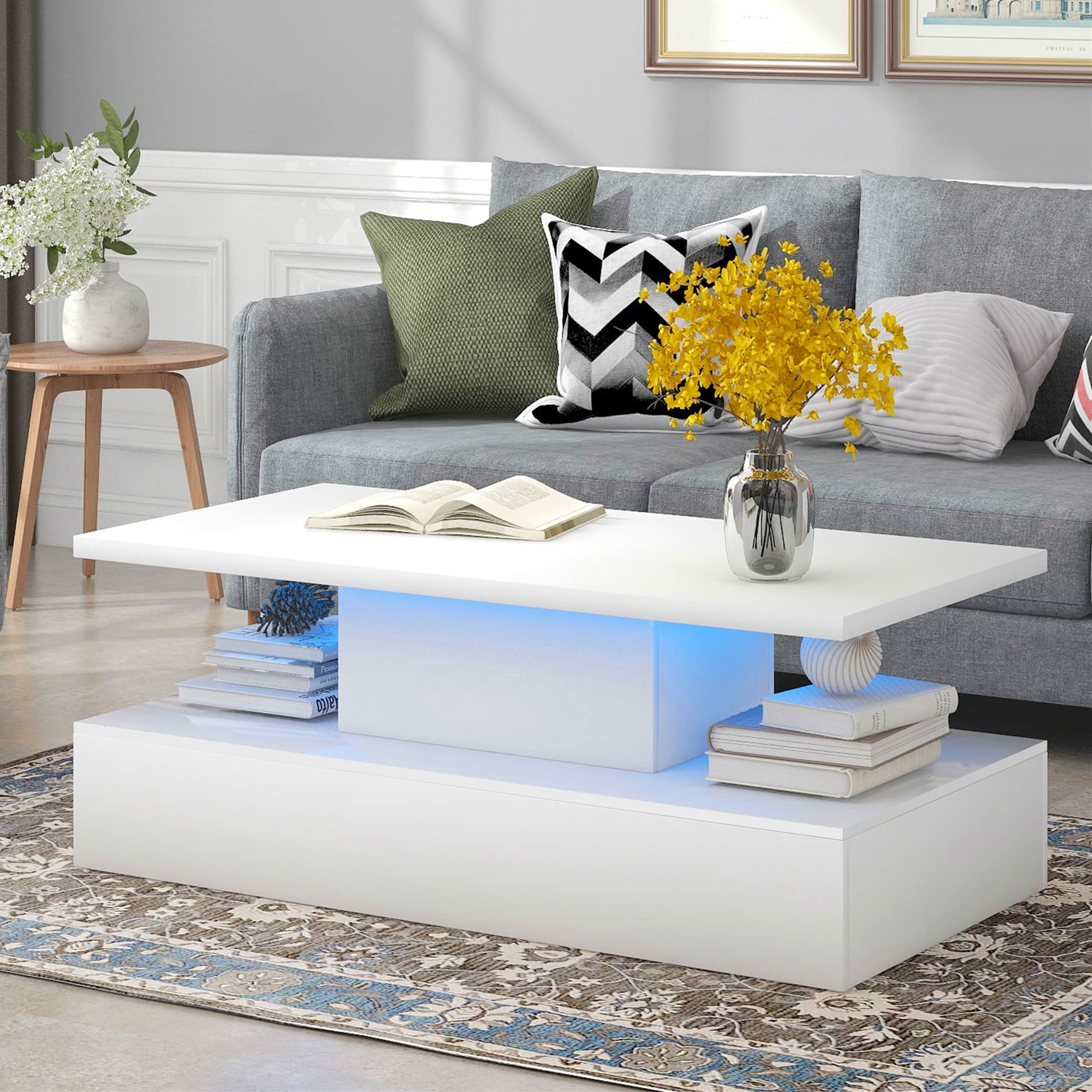 Stylish Modern LED Coffee Table for Living Room - 16-Color Changing Light, High Gloss White Wooden Rectangle Center Table with Storage Shelf, 2-Tier Cocktail Table (47.2