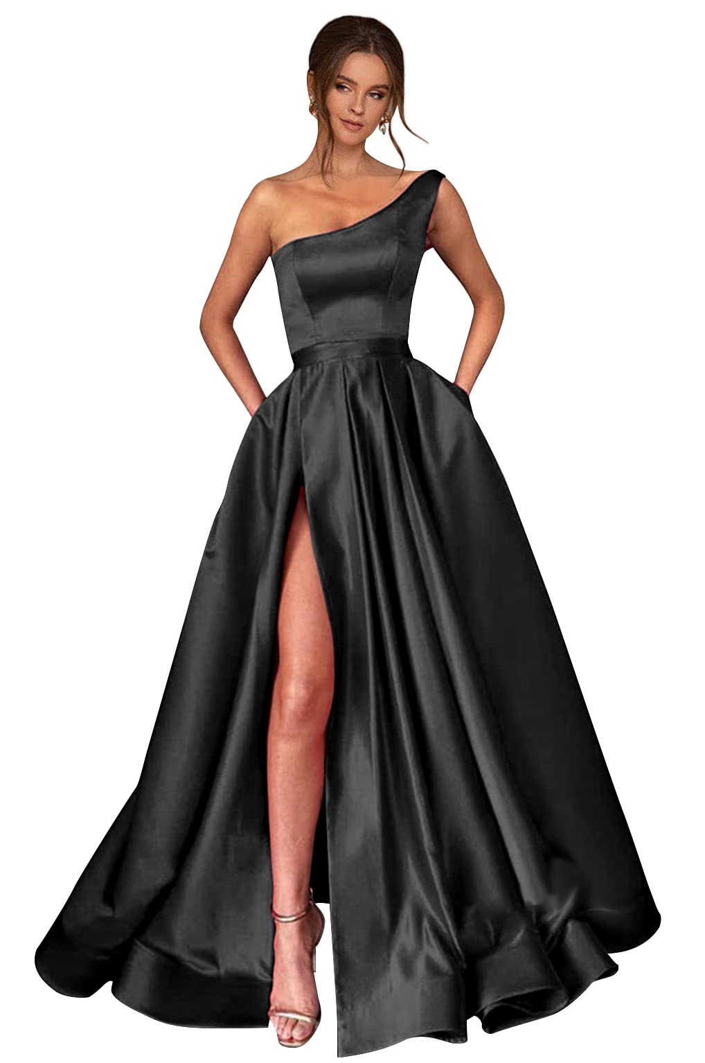 YORFORMALS Women's One Shoulder High Slit Satin Long Prom Dress with Pockets - Elegant Formal Evening Gown for Homecoming, Wedding Guest, Cocktail Party & Special Occasions
