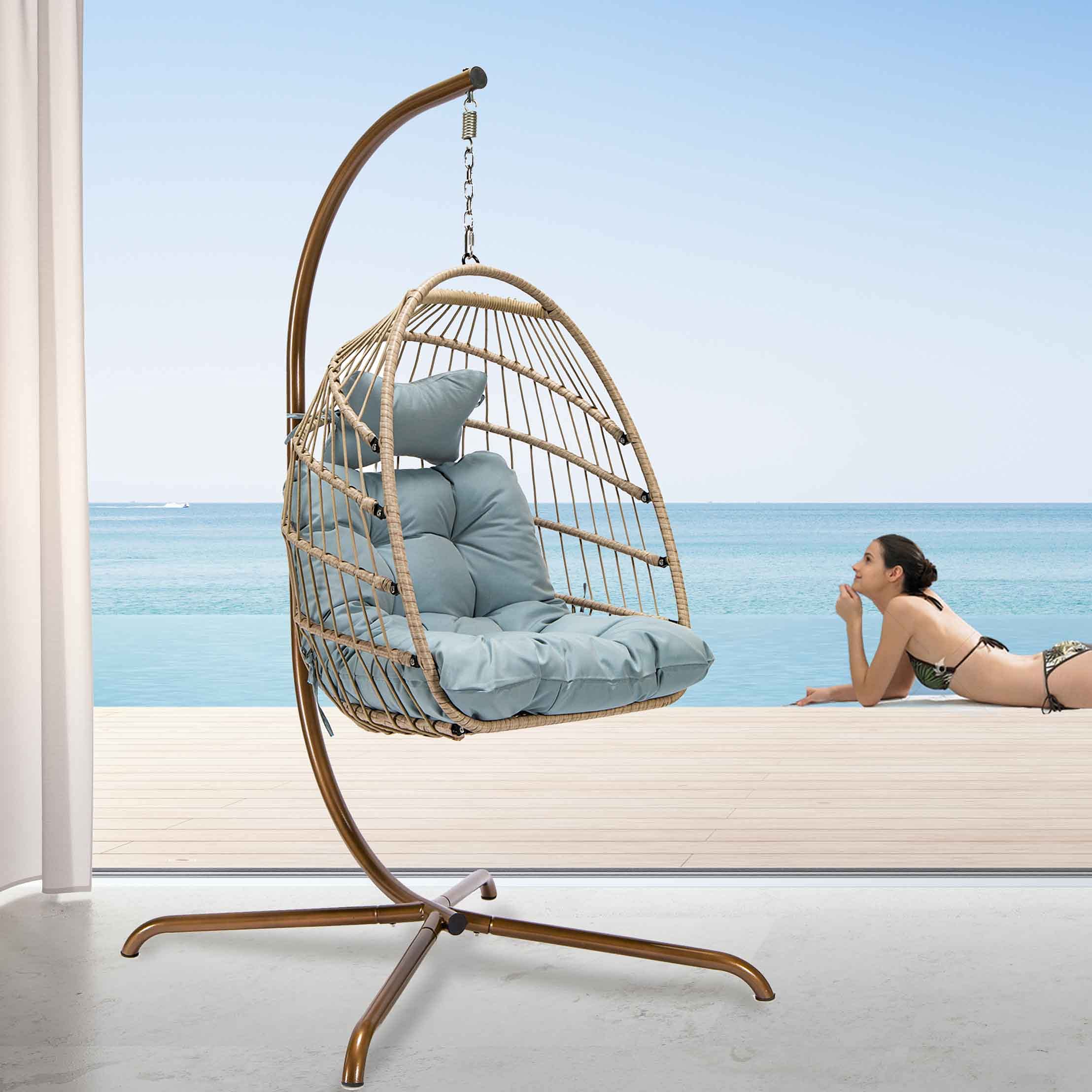 Foldable Wicker Hanging Egg Chair with Cushion & Pillow - Indoor/Outdoor Rattan Swing Chair for Patio, Garden, Bedroom & Balcony - Perfect for Relaxing, Reading & Lounging (Blue, Includes Stand)