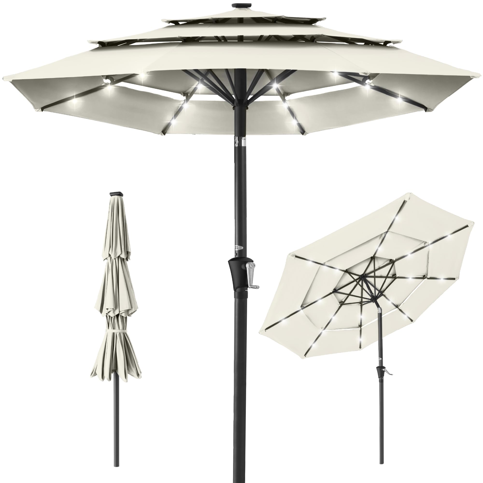 Best Choice Products 10ft 3-Tier Solar Patio Umbrella with 24 LED Lights - Adjustable Tilt & Easy Crank, 8-Rib Design for Backyard, Deck, Poolside - Perfect for Outdoor Dining, Lounging, and Summer Gatherings (Ivory)