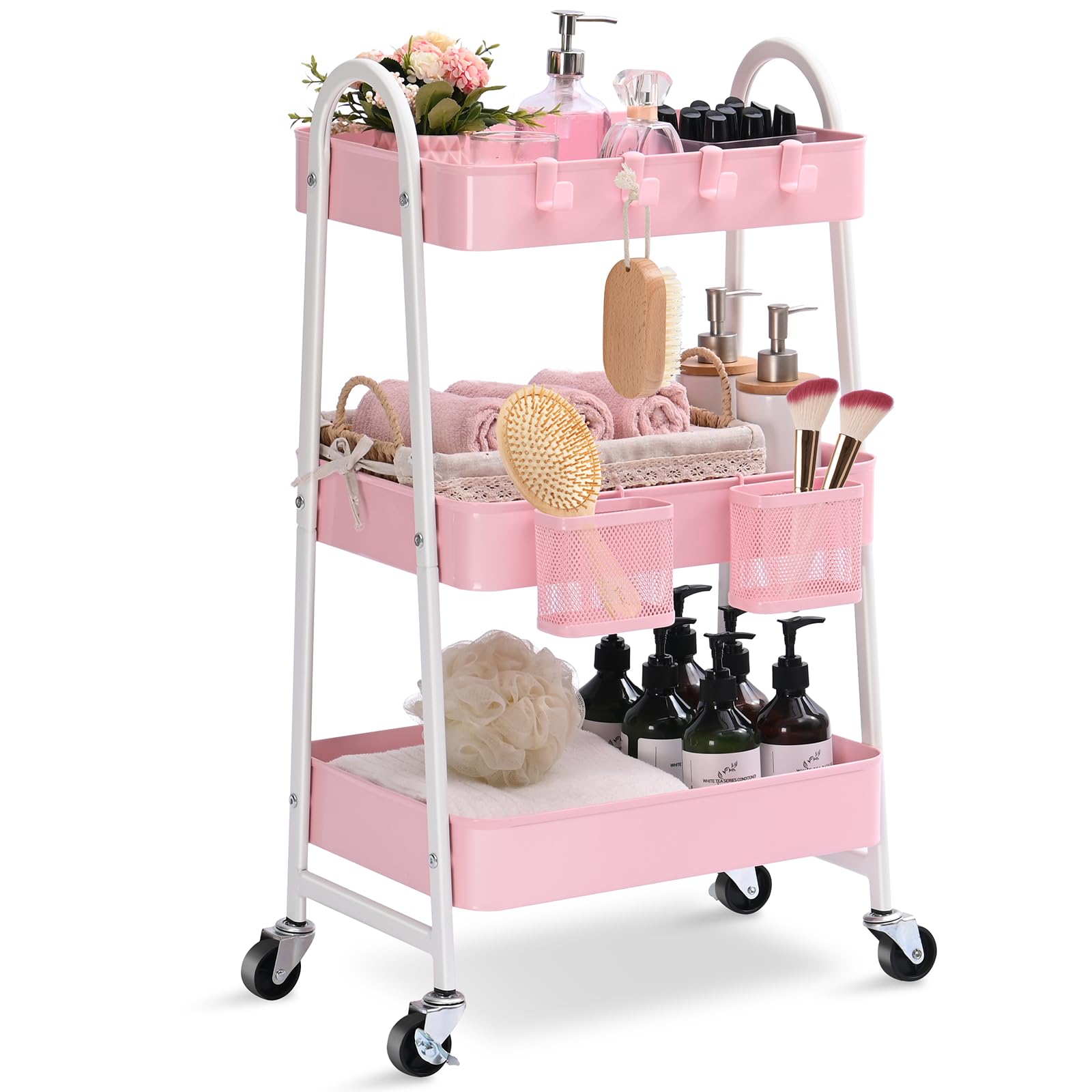 KINGRACK 3-Tier Metal Rolling Utility Cart with Locking Wheels, Handle & 2 Hanging Baskets - Pink Storage Organizer for Bathroom, Bedroom, Craft Room, Kitchen & Office - Perfect for Art Supplies, Makeup, Towels & Home Organization