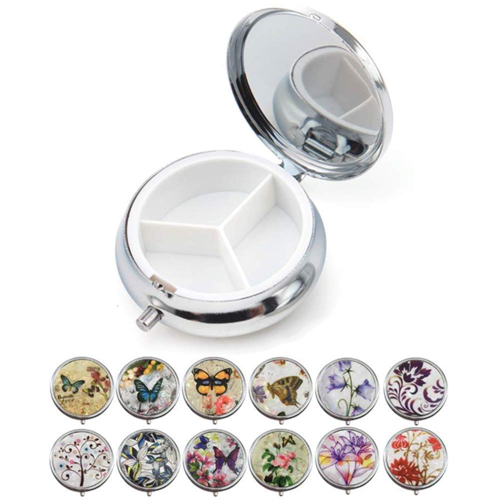 2 Pack Round Metal Pill Organizer Box - Portable Medicine Storage Container for Daily Use, Travel & Emergency (Random Pattern) - Perfect for Pills, Vitamins, Supplements & Small Items