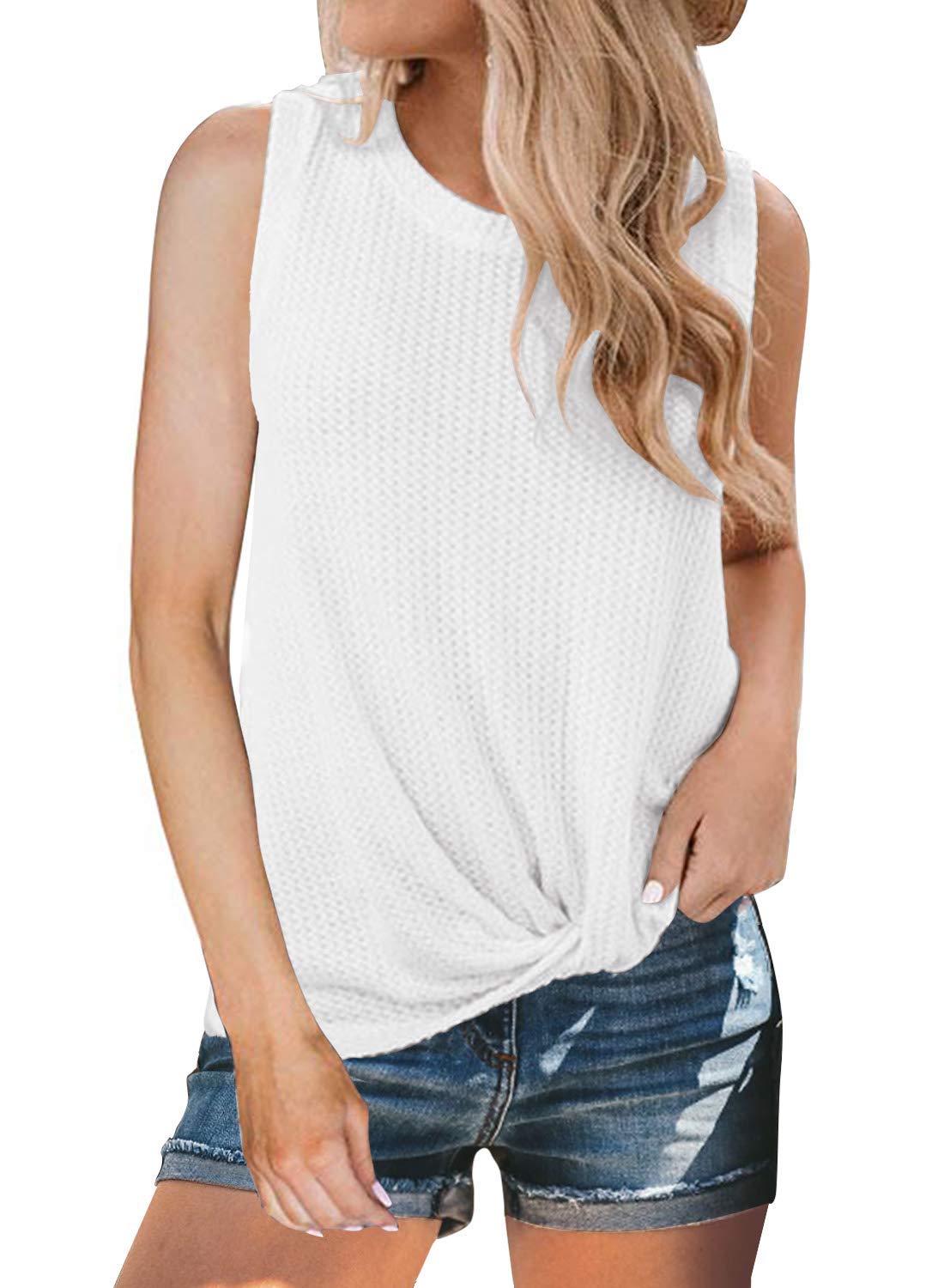 Youdiao Women's Sleeveless Twist Knot Waffle Knit Blouse - Cute Casual Tank Top for Summer Outfits, Beach Wear & Date Nights