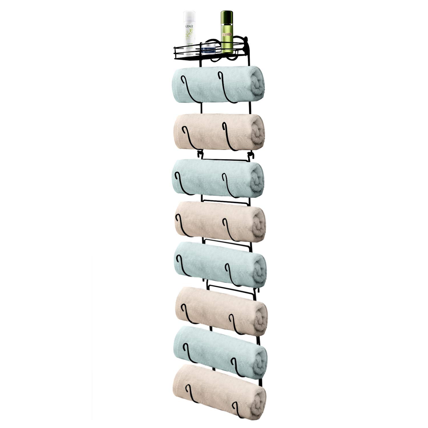 Wall Mount Metal Wire Towel Storage Shelf Organizer Rack Holder with 9 Compartments - Black Bathroom Towel Organizer for Kitchen, Laundry Room & Spa - Space Saving Towel Rack for Hand, Face & Bath Towels