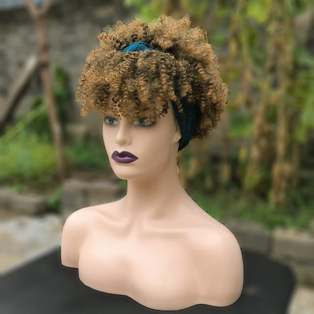 Ombre Blonde Short Synthetic Head-Wrap Wig for Women - Afro Curly Hairstyles for Black Women | Perfect for Everyday Wear, Cosplay & Protective Styling