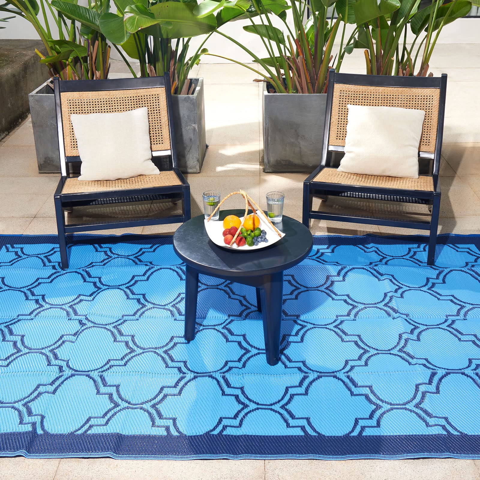 Waterproof Reversible Outdoor Camping Mat - 5x8 Feet Blue & Light Blue RV Deck Porch Rug - Durable Plastic Flooring for Camping, Picnics & Beach Trips