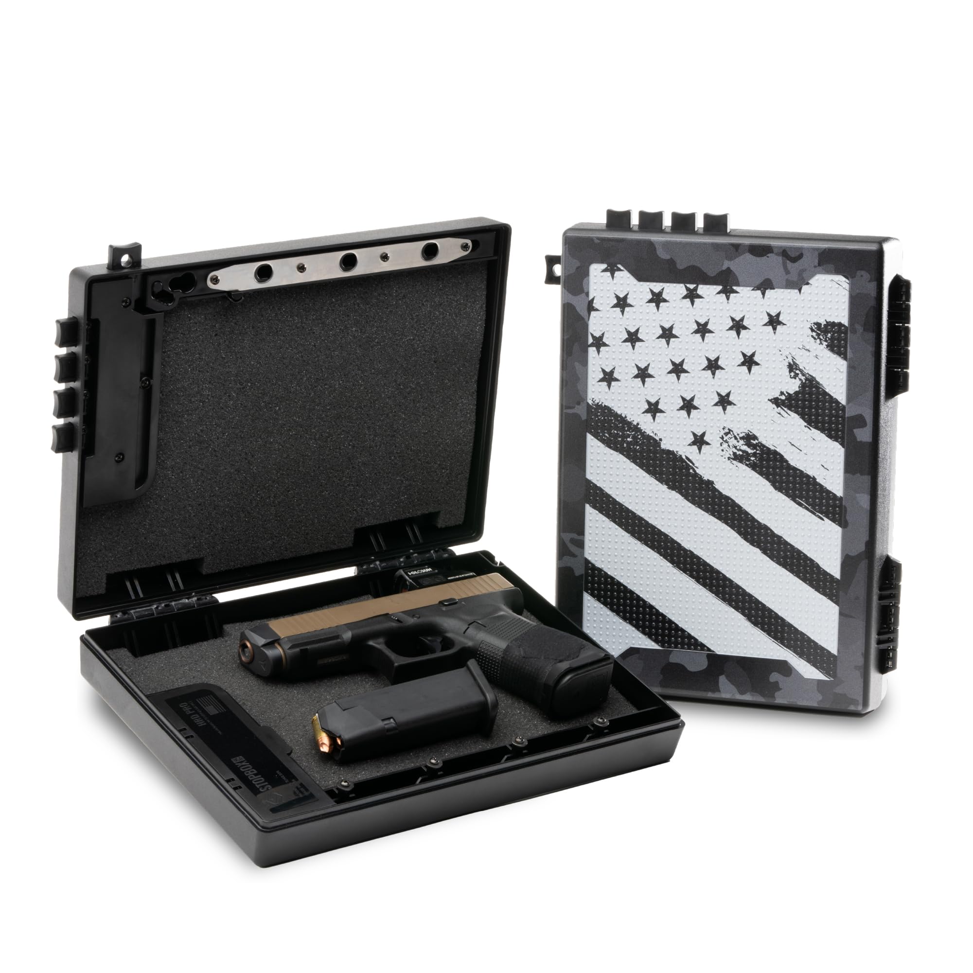 STOPBOX PRO Gun Safe - Portable Pistol Case for Car & Travel | Quick Access Handgun Storage | TSA Compliant | FLAG CAMO + BLACK (2 Pack)