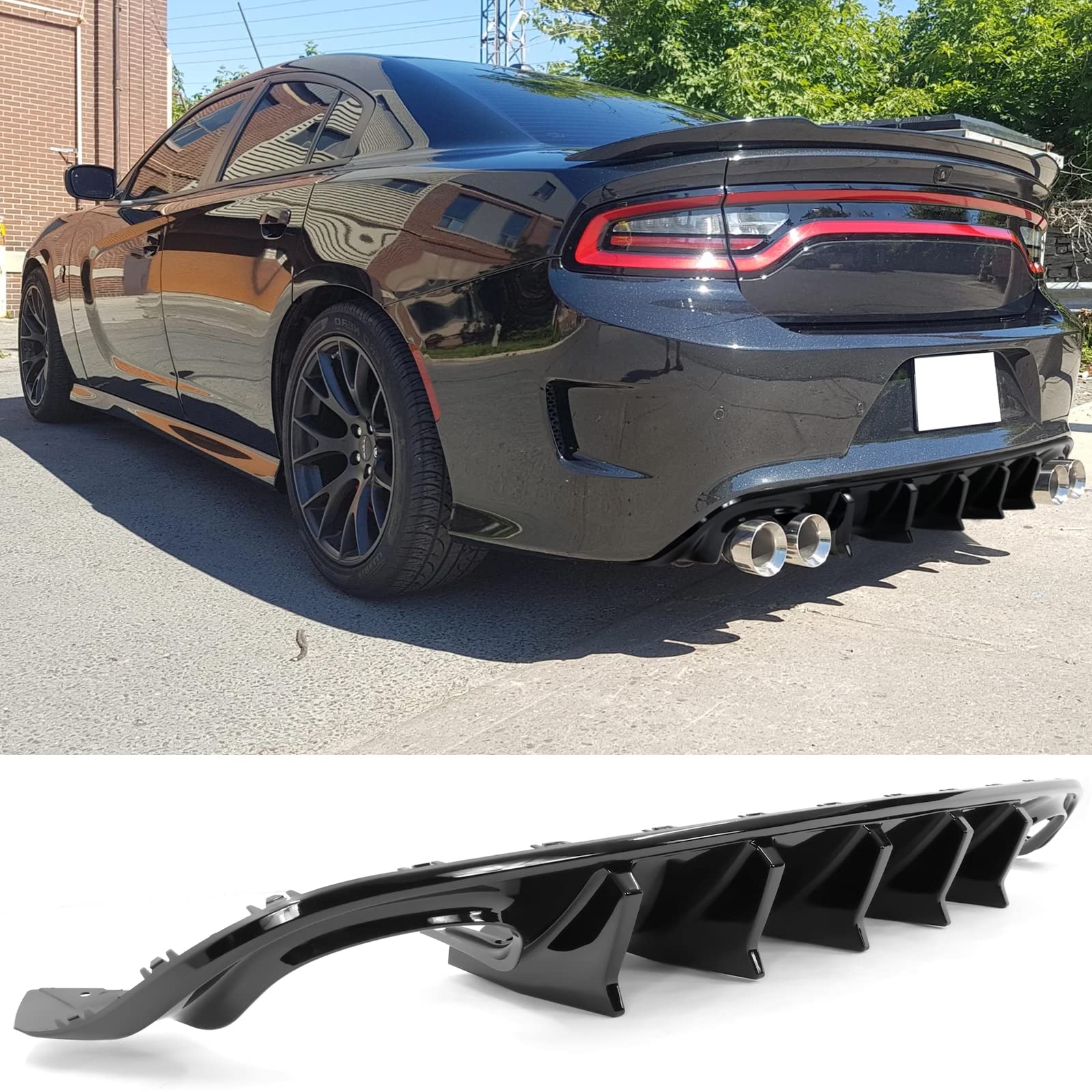 FREEMOTOR802 Rear Bumper Diffuser Quad Exhaust Tip Compatible with 2015-2023 Dodge Charger | IKON V2 Style Gloss Black 2PC Rear Bumper Lip Shark Fins | PP Material | Upgrade Your Dodge Charger's Rear Styling for Sporty Look & Aggressive Appearance