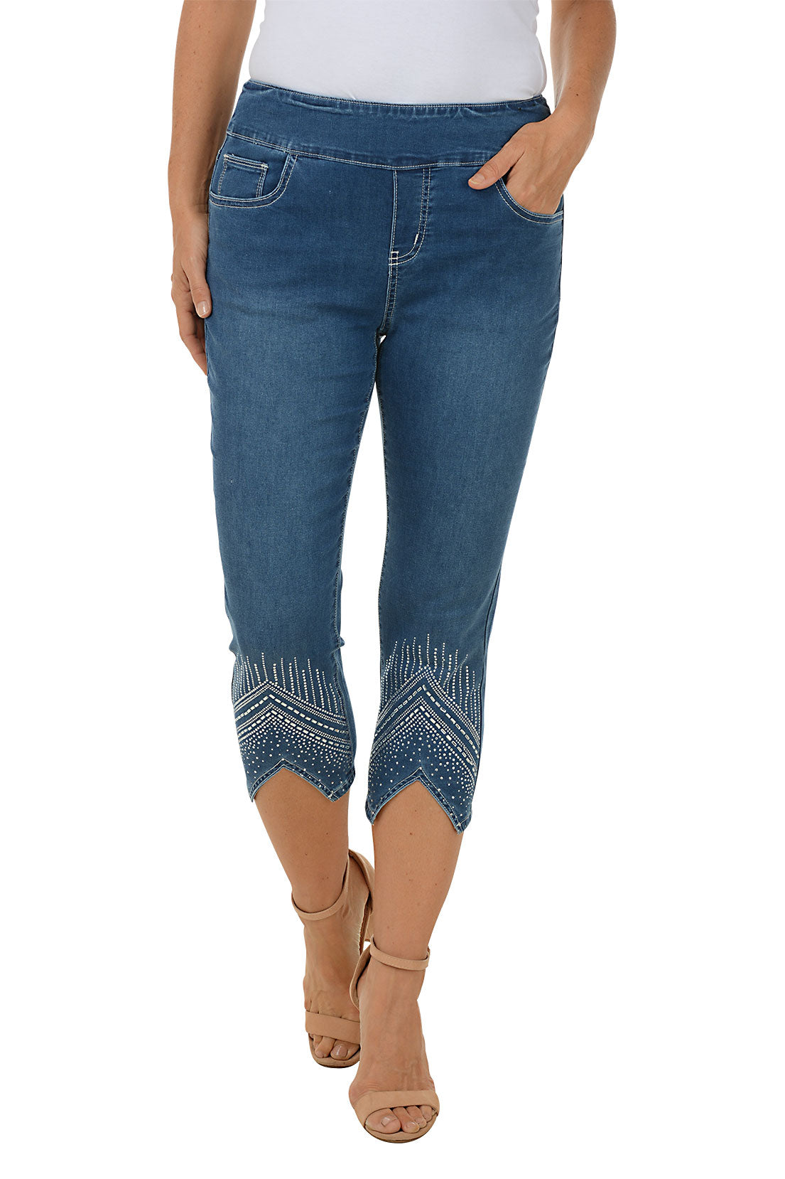 Chevron Rhinestone Embellished Denim Capri Pants for Women - Stylish & Comfortable Summer Fashion for Casual Outings & Parties