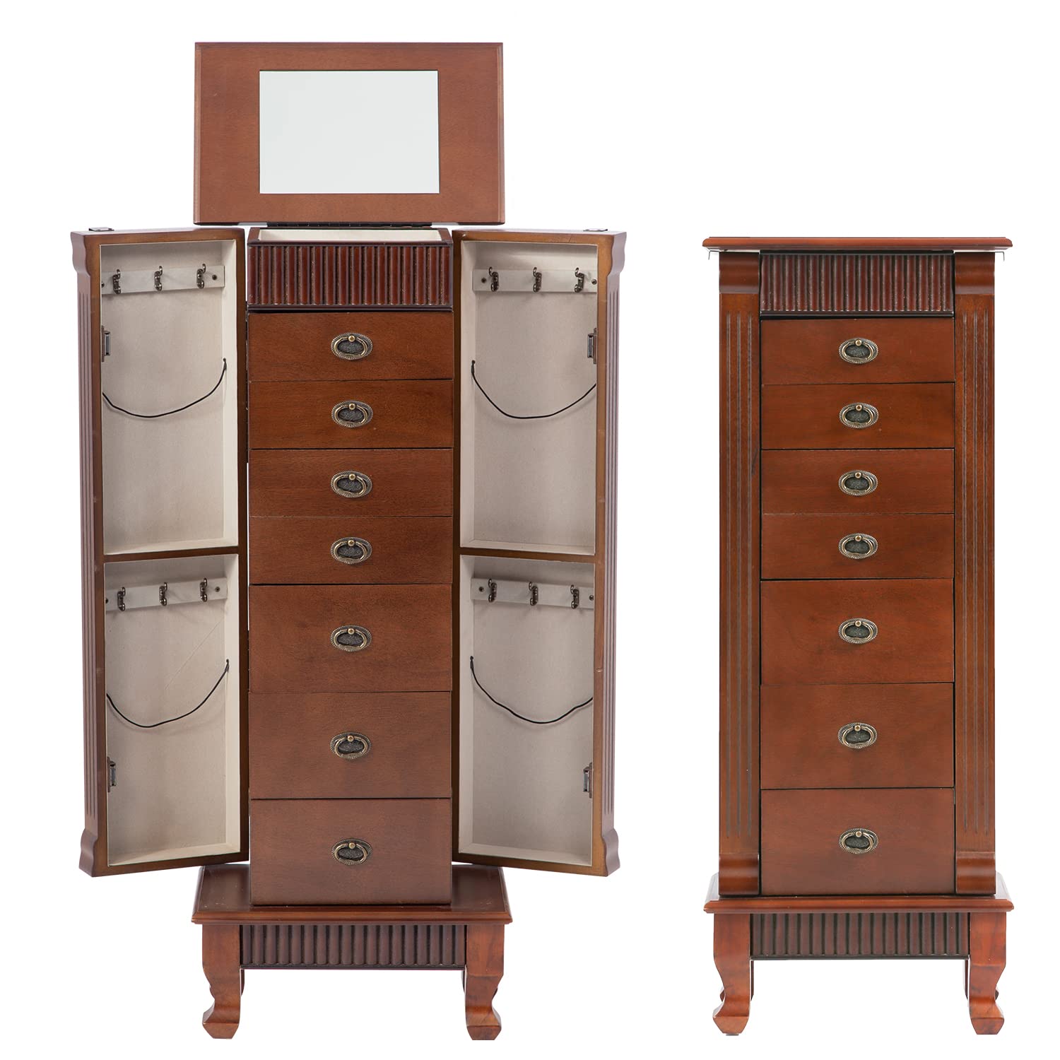 FDW Wooden Jewelry Cabinet with 7 Drawers, Side Doors & Makeup Mirror - Jewelry Storage Organizer & Armoire for Necklaces, Rings, Earrings - Perfect for Bedroom, Closet & Vanity Organization