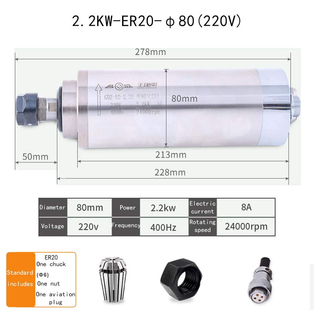 400Hz 2400RPM Water Cooled CNC Spindle Motor - 220V 2.2KW High Speed Constant Torque for Woodworking, Engraving, Milling & Grinding (3 Bearing, φ80mm) - Perfect for CNC Routers, Lathes & DIY Woodworking Projects