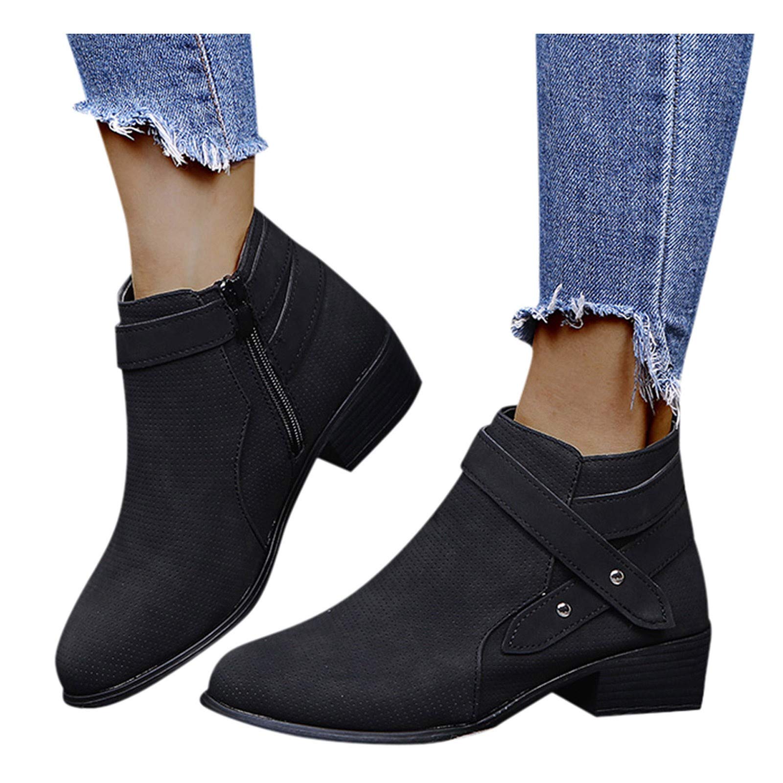 Gibobby Women's Retro Ankle Boots - Flat Low Heel Comfort Booties with Side Zipper for Walking, Casual Outfits & Fall Fashion