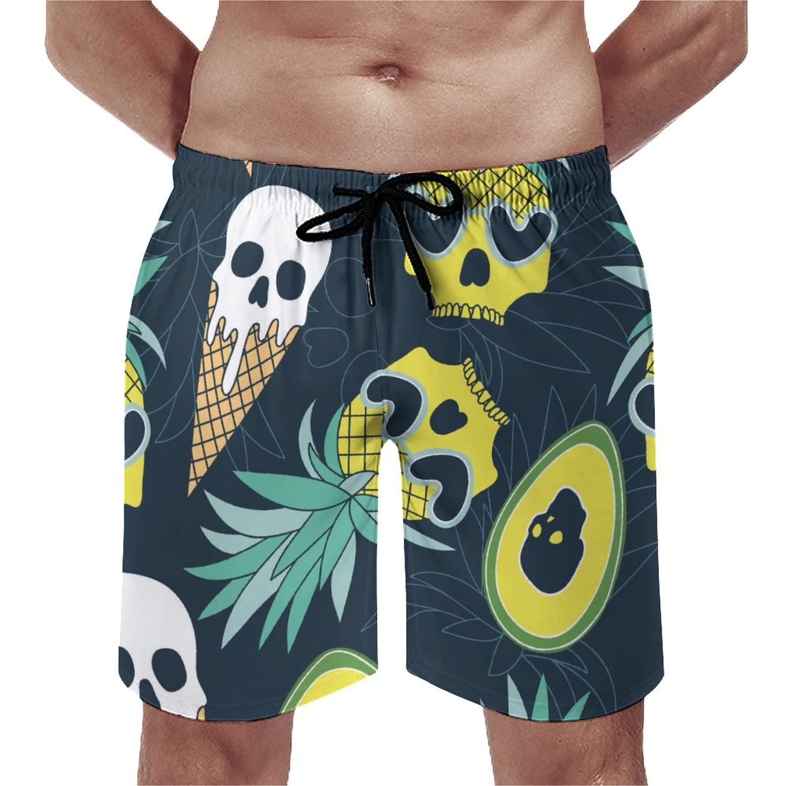 Men's Quick Dry Swim Trunks with Skull, Ice Cream & Pineapple Print - Lightweight Board Shorts for Swimming, Beach & Summer Activities