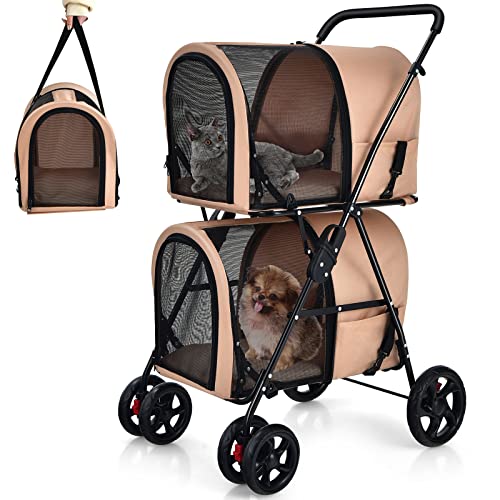 Giantex Double Pet Stroller for Dogs & Cats - 2 Detachable Carrier Bags, Safety Belt, 4 Lockable Wheels - Foldable Travel Carrier for Small & Medium Pets - Perfect for Park Walks, Vet Visits & Shopping Trips (Beige)